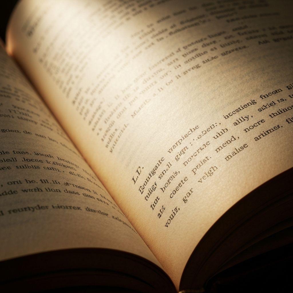 Régi, nyitott könyv közelről, amelynek lapjait finoman megvilágítja egy oldalról érkező fény, a papír textúrája és az elmosódott sorok látszanak, antik, meleg hangulat