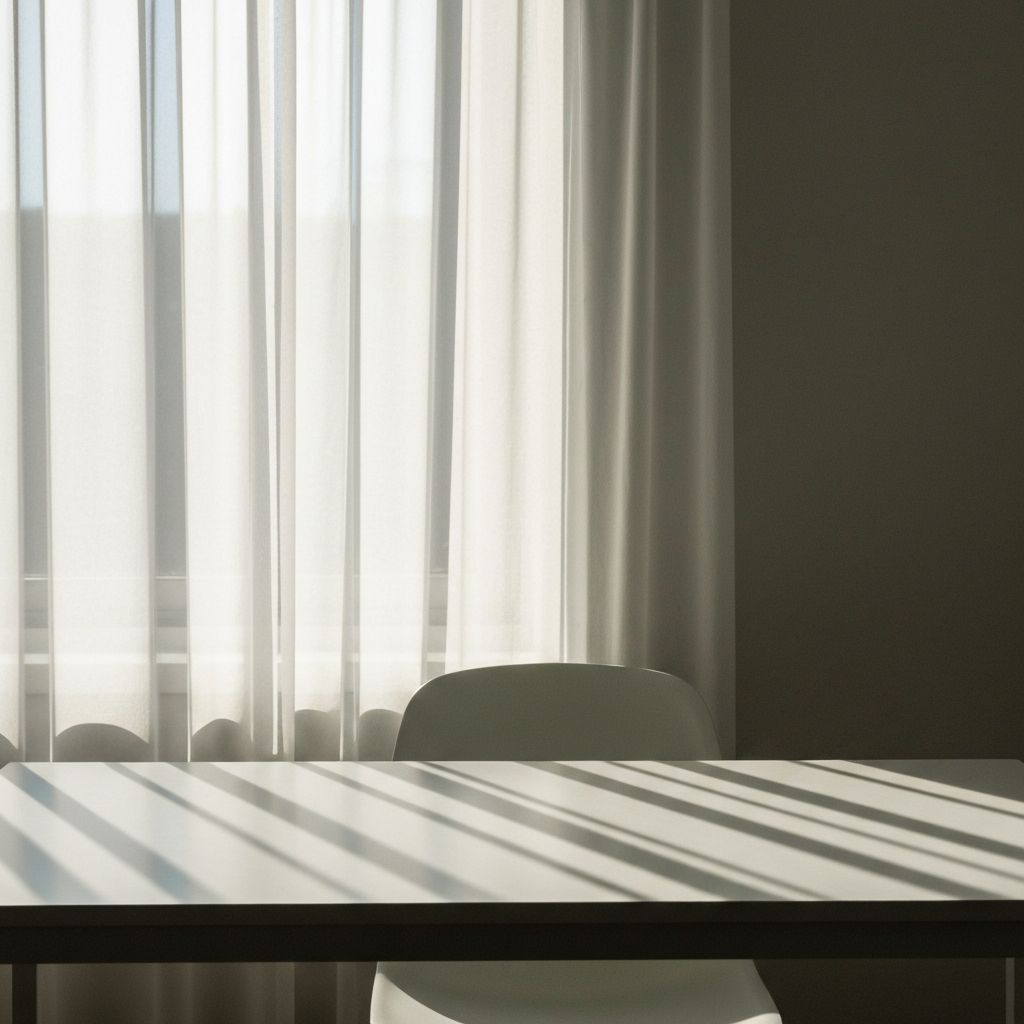 Egy csendes szoba részlete, ahol természetes fény szűrődik be vékony függönyön keresztül, hosszú árnyékokat vetítve egy tiszta, minimalista asztalra, emberek nélkül